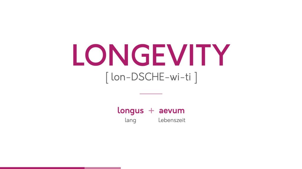 Longevity, gesprochen lon-DSCHE-wi-ti, aus lateinisch longus (lang) und aevum (Lebenszeit)
